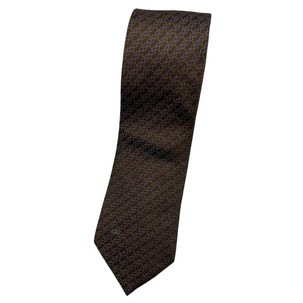 VALENTINO Men's 100% Silk Necktie LUXURY Tie Brown Geometric W:3.7" EUC